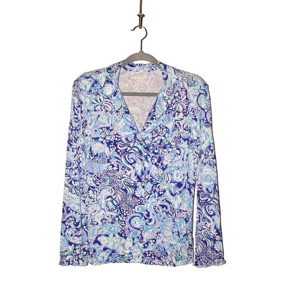 LILLY PULITZER NEW $58 Ruffle PJ Button Down Top Royal Purple XS - Picture 1 of 4